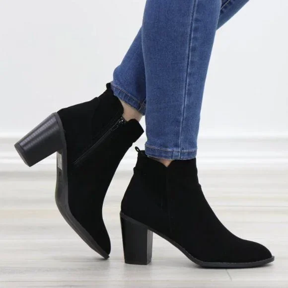 Black Perforated Design Ankle Heeled Boots - Picture 10 of 15